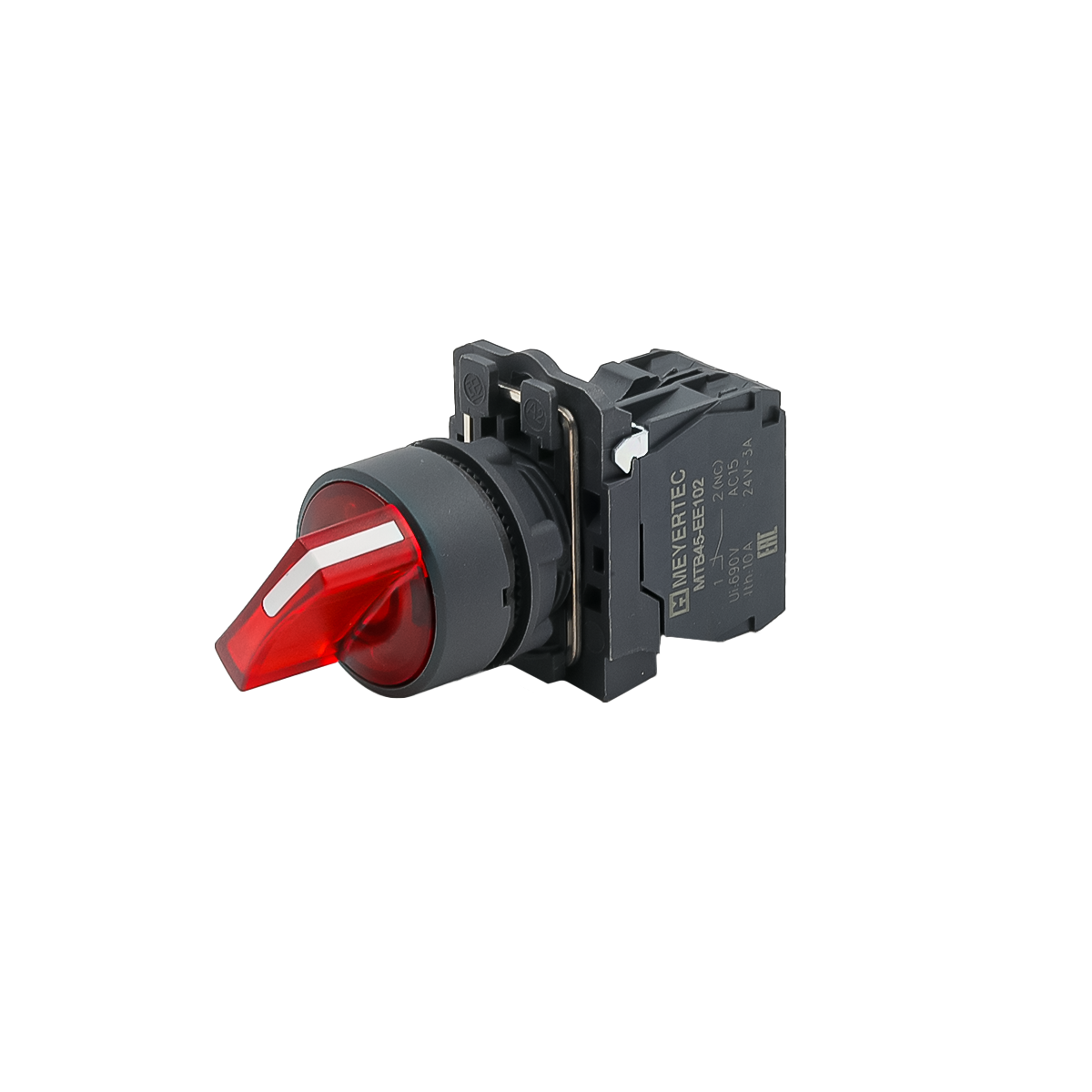 Переключатель  на 2 положения с фиксацией и подсветкой,  красный, 1NС, 24V AC/DC, IP65. пластик