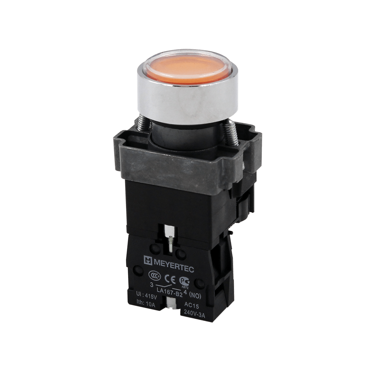 Кнопка плоская желтая с подсветкой, 220V AC/DC, 1NO, IP67, металл