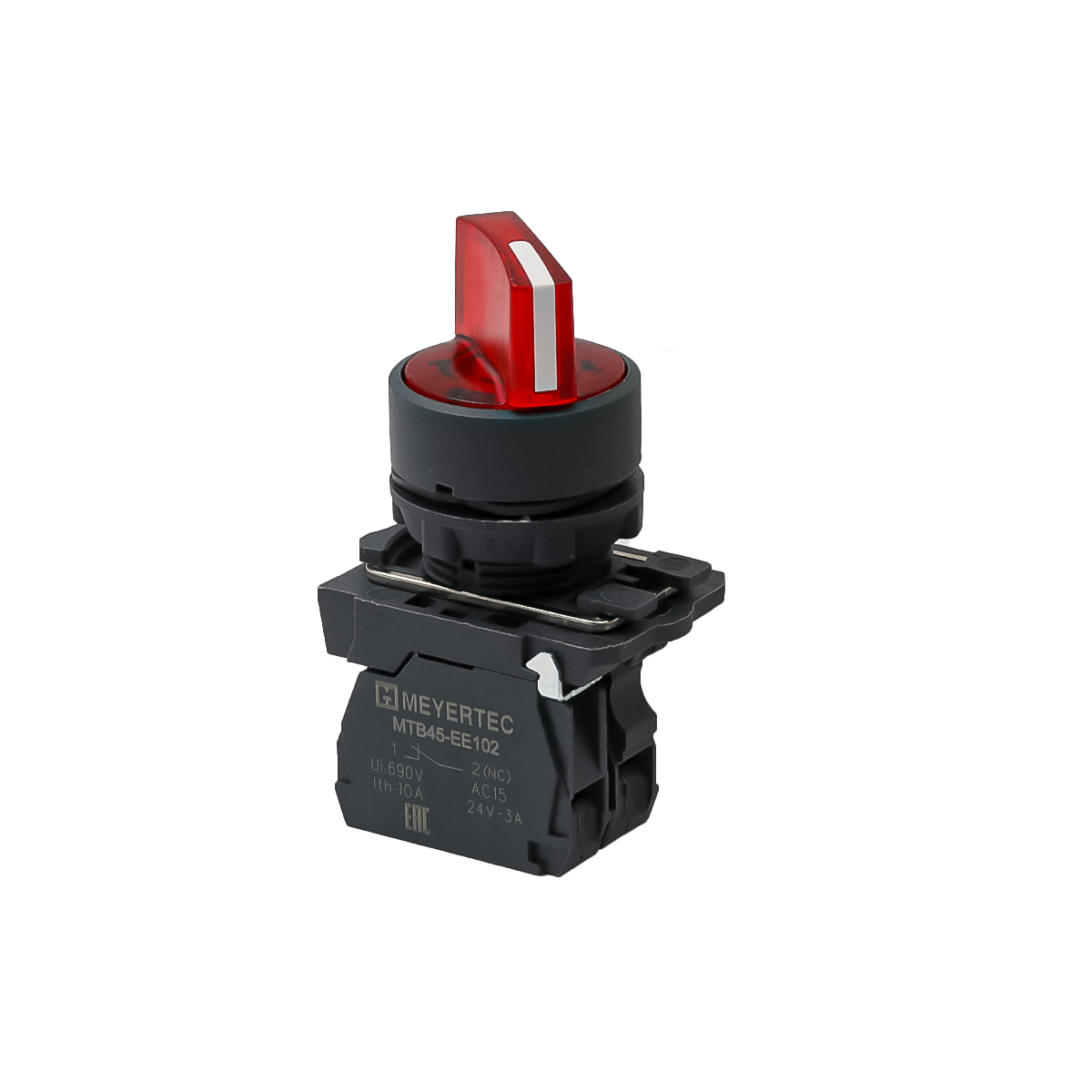Переключатель  на 2 положения с фиксацией и подсветкой, красный, 1NС, 220V AC/DC, IP65, пластик