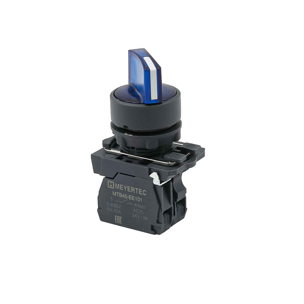 Переключатель  на 3 положения с фиксацией и подсветкой, синий, 1NO, 24V AC/DC, IP65, пластик
