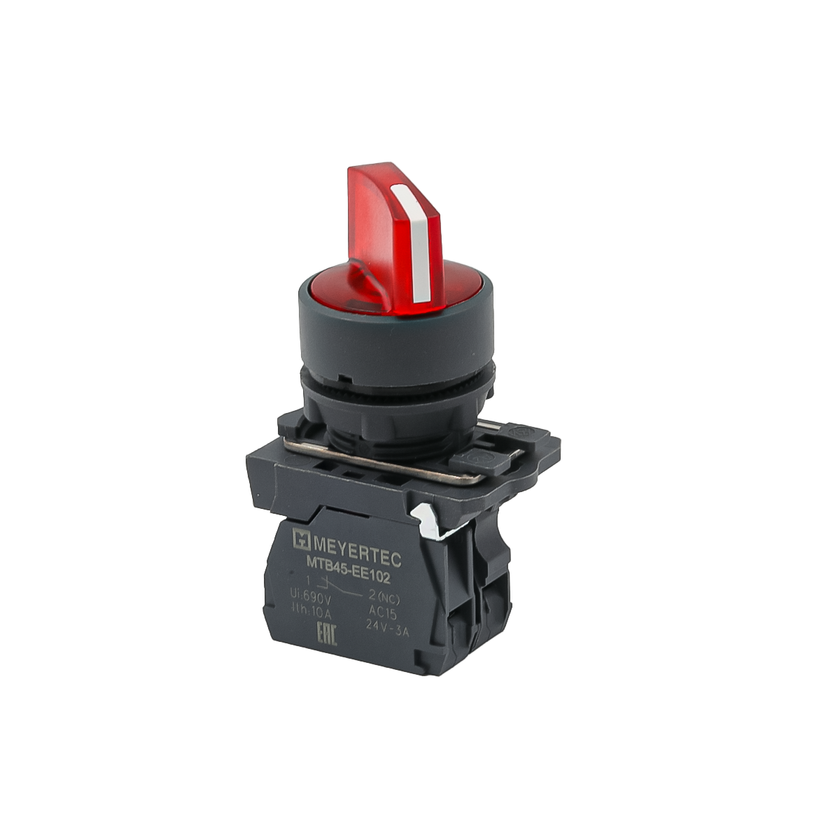 Переключатель  на 2 положения с фиксацией и подсветкой,  красный, 1NС, 24V AC/DC, IP65. пластик