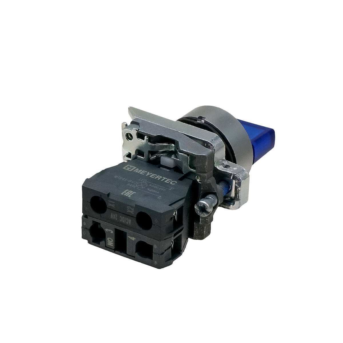 Переключатель  на 2 положения с фиксацией и подсветкой, синий, 1NO, 24V AC/DC, IP65, металл