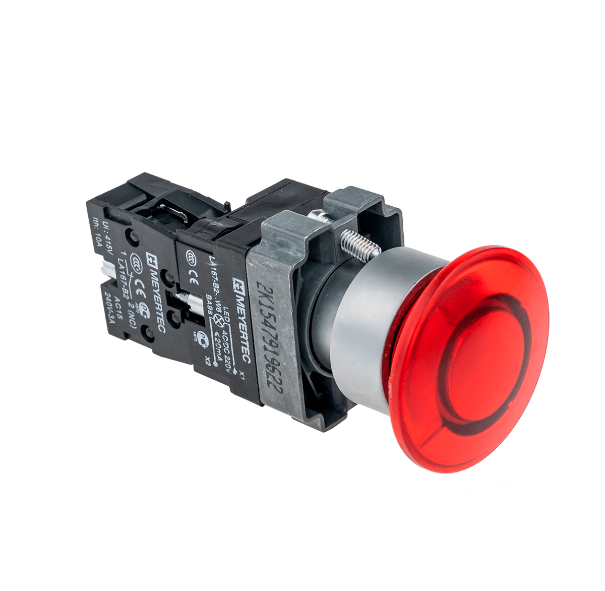 Кнопка грибовидная без фиксации, с подсветкой, 220V, 1NC, красный