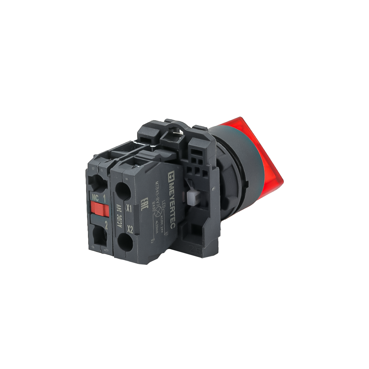 Переключатель  на 2 положения с фиксацией и подсветкой,  красный, 1NС, 24V AC/DC, IP65. пластик