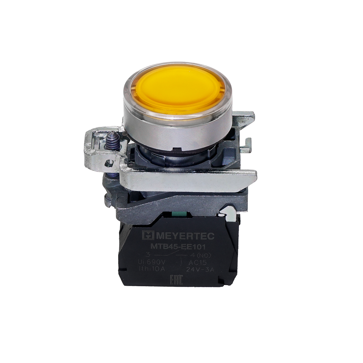 Кнопка желтая с подсветкой, 1NO, 220V AC/DC, IP65, металл