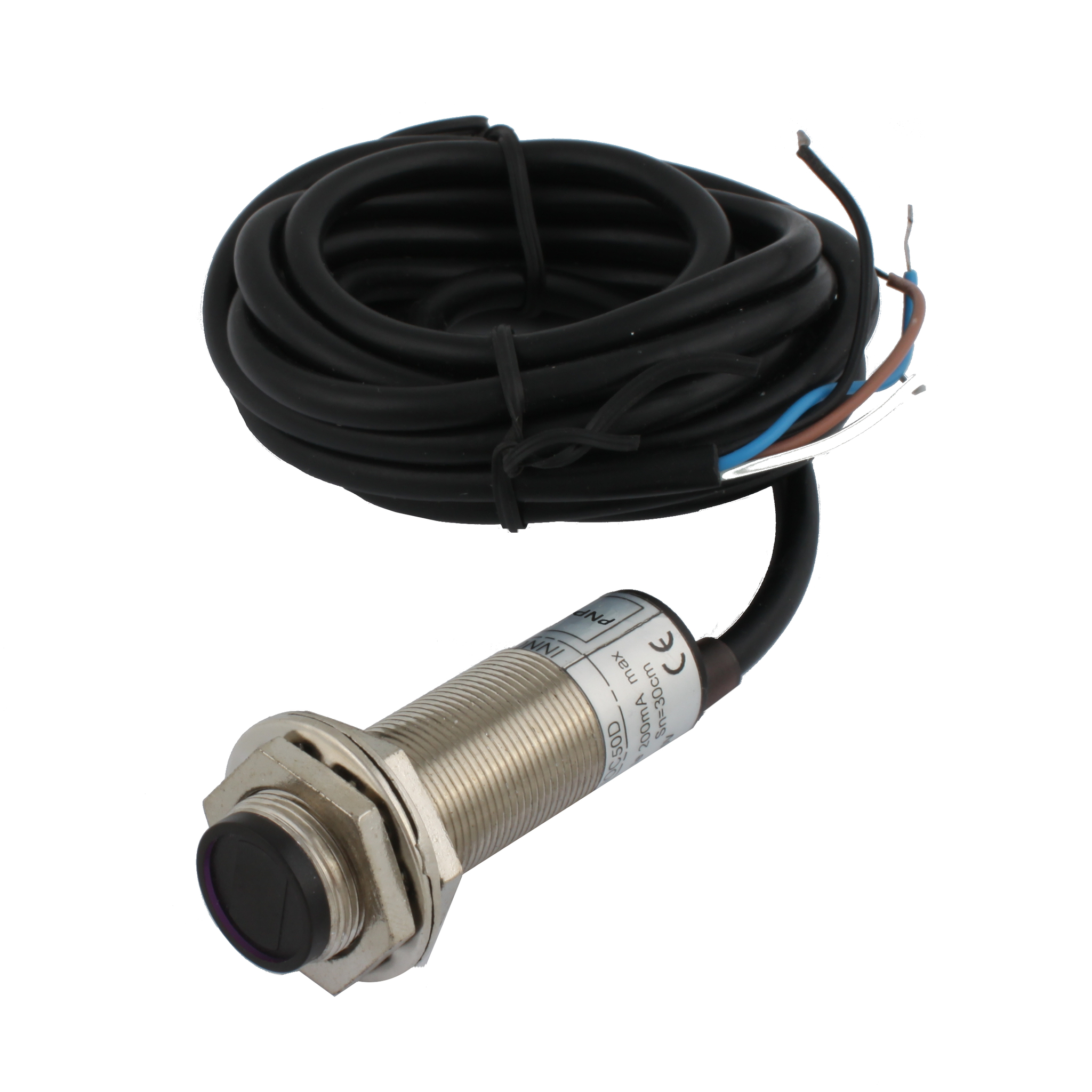 INNOCONT Фотодатчик диффузионный, М18x1, зона срабатывания до 50 см, -10 +60 С, 12…24 VDC, IP67, выход: PNP NO + NC, макс. ток 200 мА, время реакции 3 мс, кабель 2 м PES-D18-POC50D (cable)