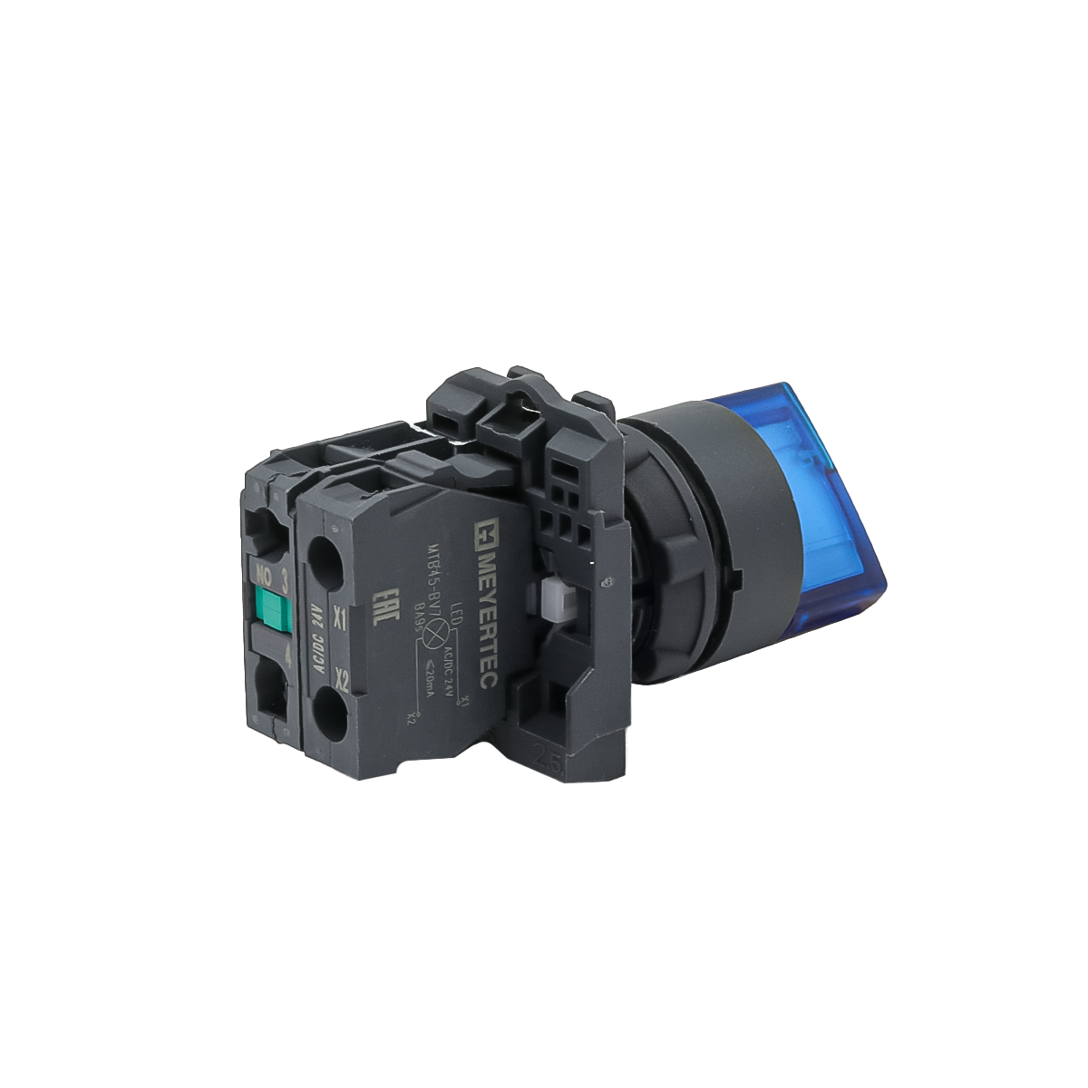 Переключатель  на 3 положения с фиксацией и подсветкой, синий, 1NO, 24V AC/DC, IP65, пластик