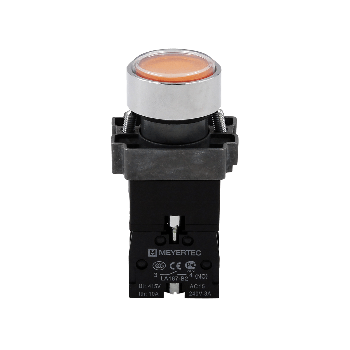 Кнопка плоская желтая с подсветкой, 220V AC/DC, 1NO, IP67, металл
