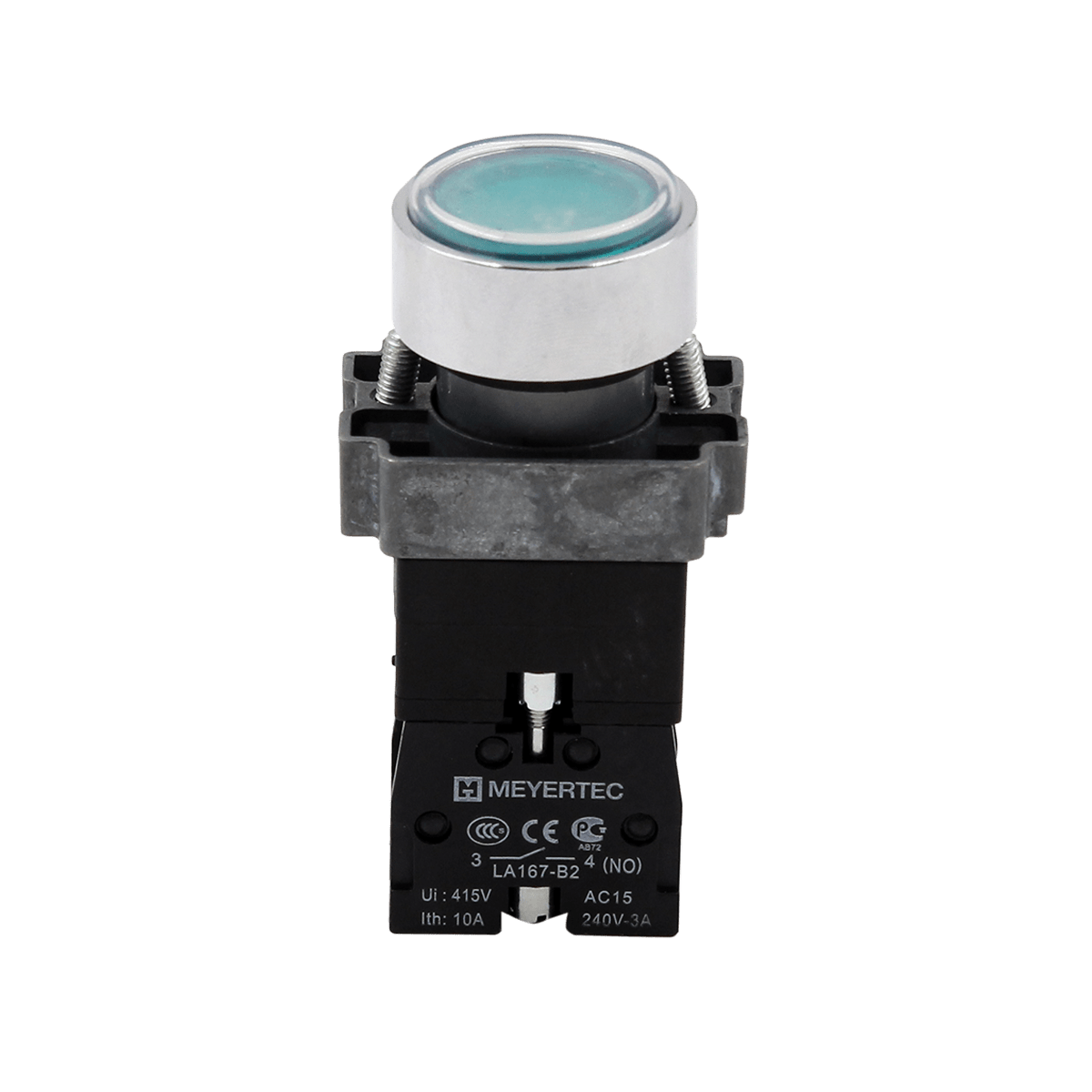 Кнопка  плоская зеленая с подсветкой, 220V AC/DC, 1NO, IP67, металл