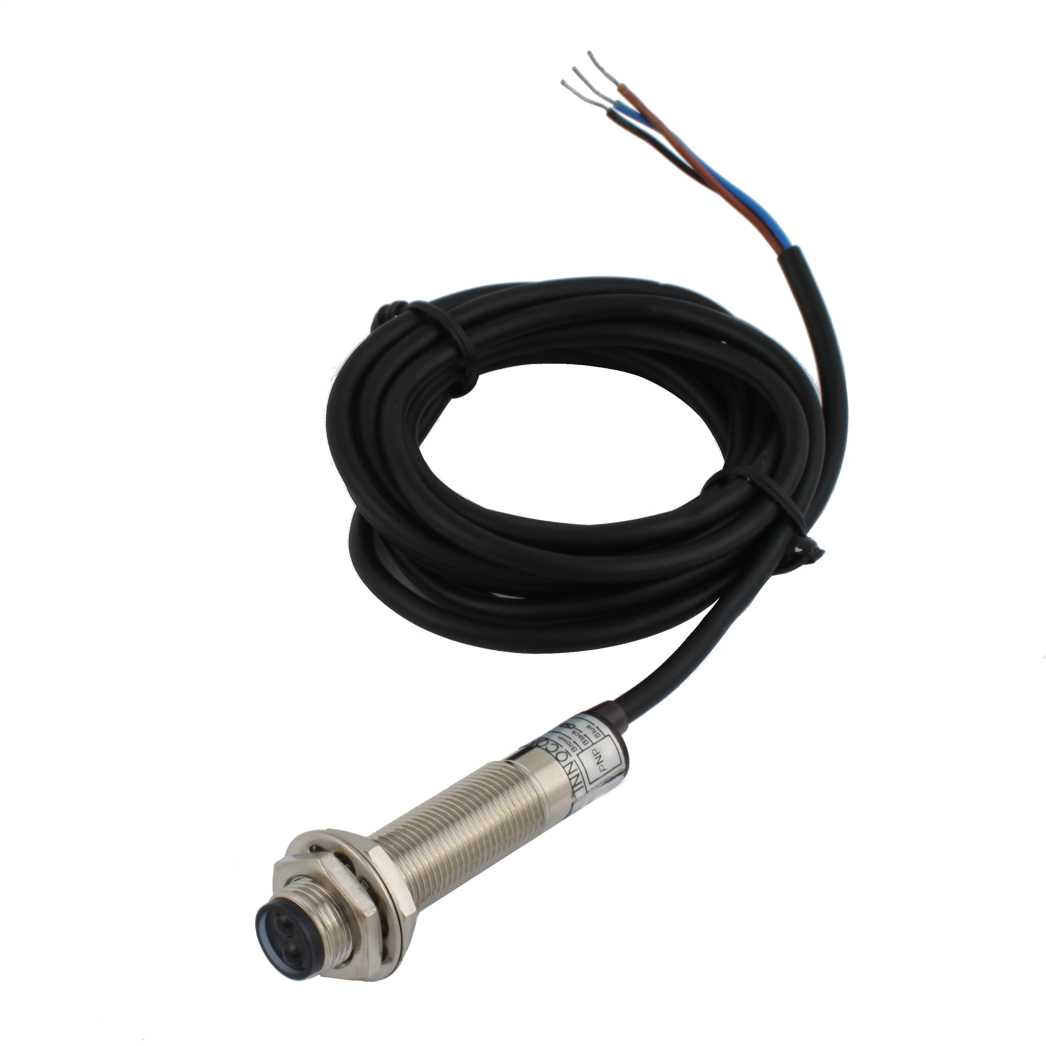 INNOCONT Фотодатчик диффузионный, М12x1, зона срабатывания до 10 см, -10 +60 С, 12…24 VDC, IP67, выход: PNP NO, макс. ток 200 мА, время реакции 3 мс, кабель 2 м PES-D12-PO10D