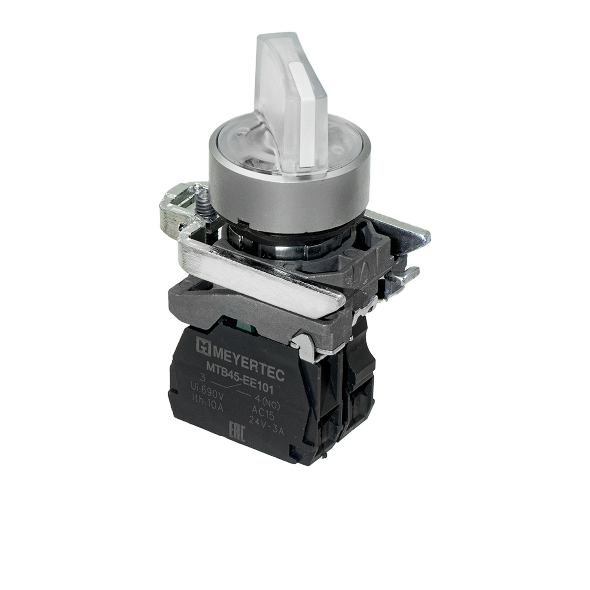 Переключатель на 2 положения с фиксацией и подсветкой, белый, 1NO, 220V AC/DC, IP65, металл