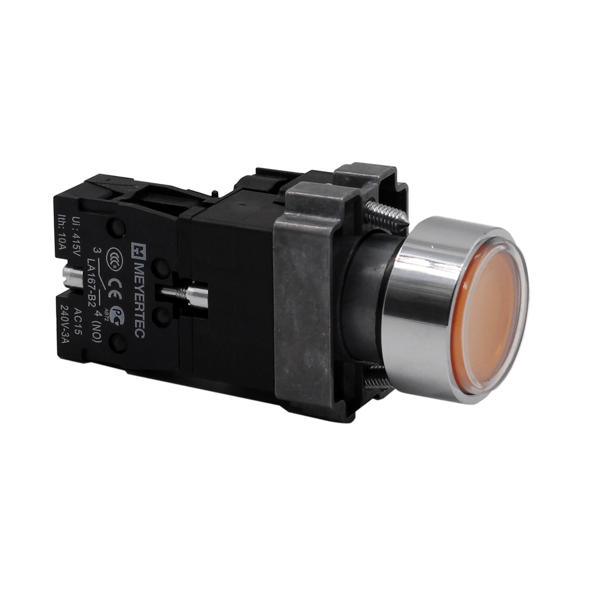 Кнопка плоская желтая с подсветкой, 220V AC/DC, 1NO, IP67, металл