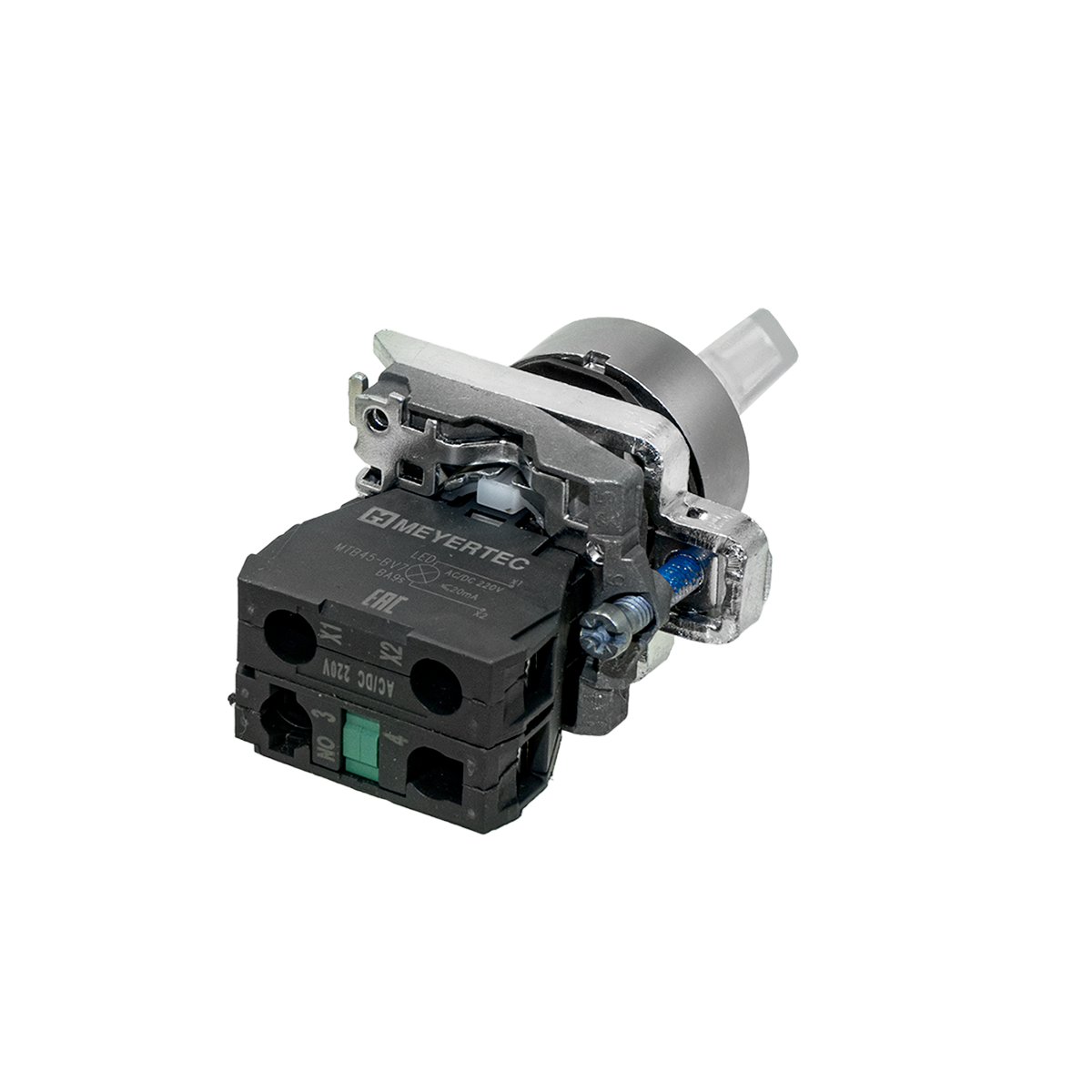 Переключатель на 2 положения с фиксацией и подсветкой, белый, 1NO, 220V AC/DC, IP65, металл