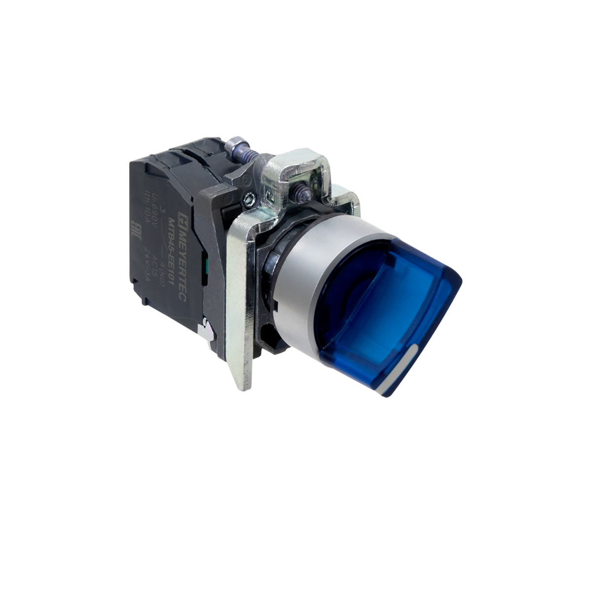 Переключатель  на 2 положения с фиксацией и подсветкой, синий, 1NO, 24V AC/DC, IP65, металл