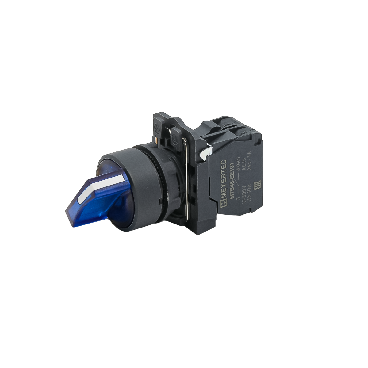 Переключатель  на 3 положения с фиксацией и подсветкой, синий, 1NO, 24V AC/DC, IP65, пластик