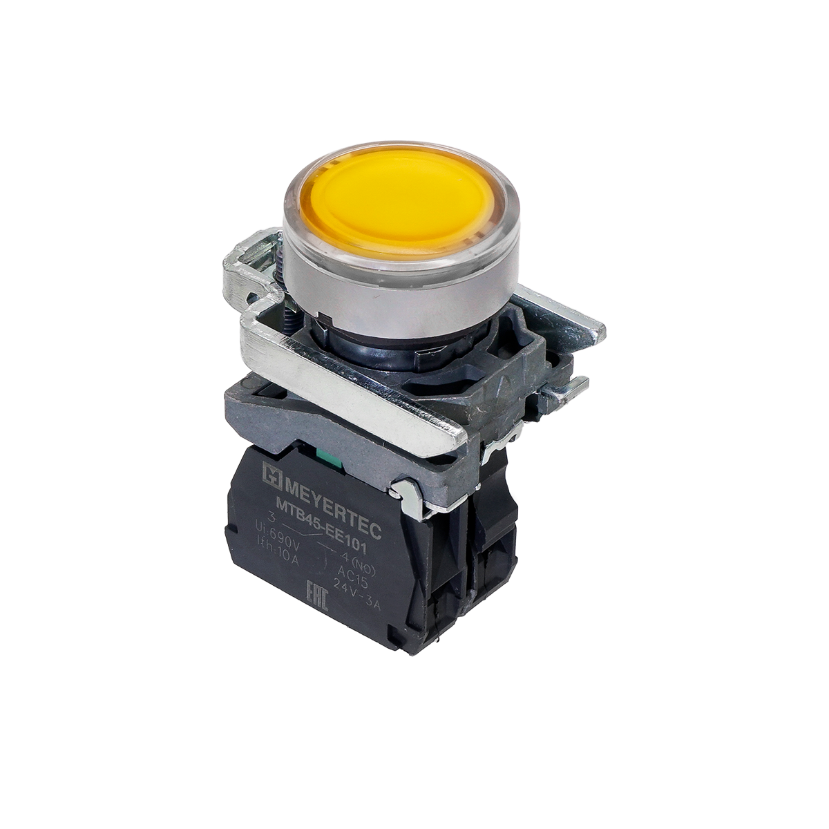 Кнопка желтая с подсветкой, 1NO, 220V AC/DC, IP65, металл
