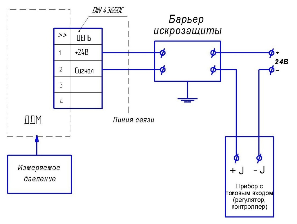 Схема подключения датчика ДДМ-03-Ех на объекте с применением барьера искрозащиты