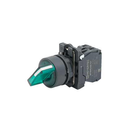 Переключатель  на 2 положения с фиксацией и подсветкой, зеленый, 1NO, 220V AC/DC, IP65, пластик