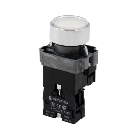 Кнопка плоская белая с подсветкой, 220V AC/DC, 1NO, IP67, металл