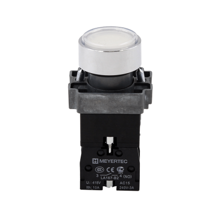 Кнопка плоская белая с подсветкой, 220V AC/DC, 1NO, IP67, металл