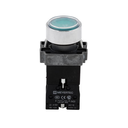 Кнопка  плоская зеленая с подсветкой, 220V AC/DC, 1NO, IP67, металл