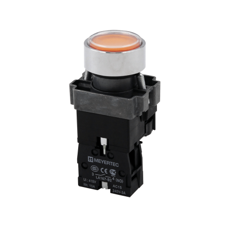 Кнопка плоская желтая с подсветкой, 220V AC/DC, 1NO, IP67, металл