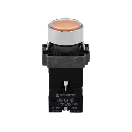 Кнопка плоская желтая с подсветкой, 220V AC/DC, 1NO, IP67, металл