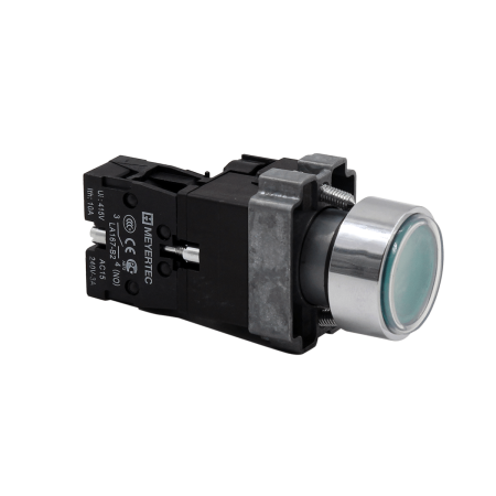 Кнопка плоская зеленая с подсветкой, 24V AC/DC, 1NO, IP67, металл