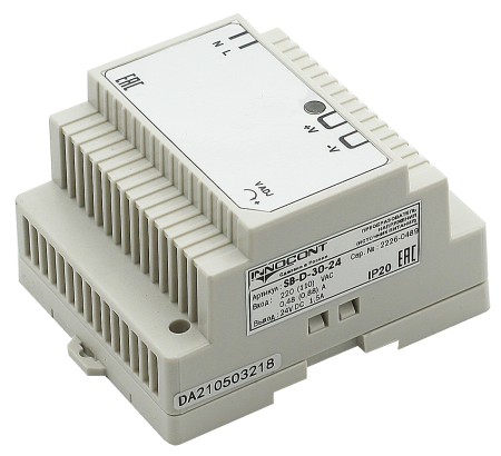 Источник питания INNOCONT. Вход: 220VAC, 0.48А, выход: 30W, 24VDC, 1.5A, -10 +50С, IP20, типы защиты: КЗ, перегрузка, перенапряжение SB-D-30-24